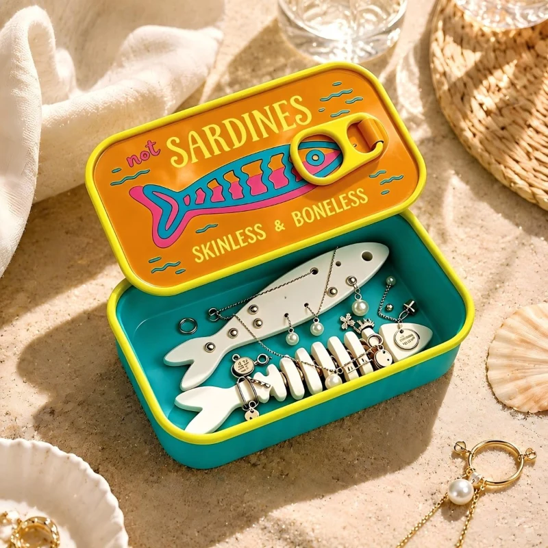 Retro Sardine Tin Jewelry Box 3D-Printed Travel Case with 2 Fishbone Holders Organizer for Necklaces,Earrings,Rings,Charms