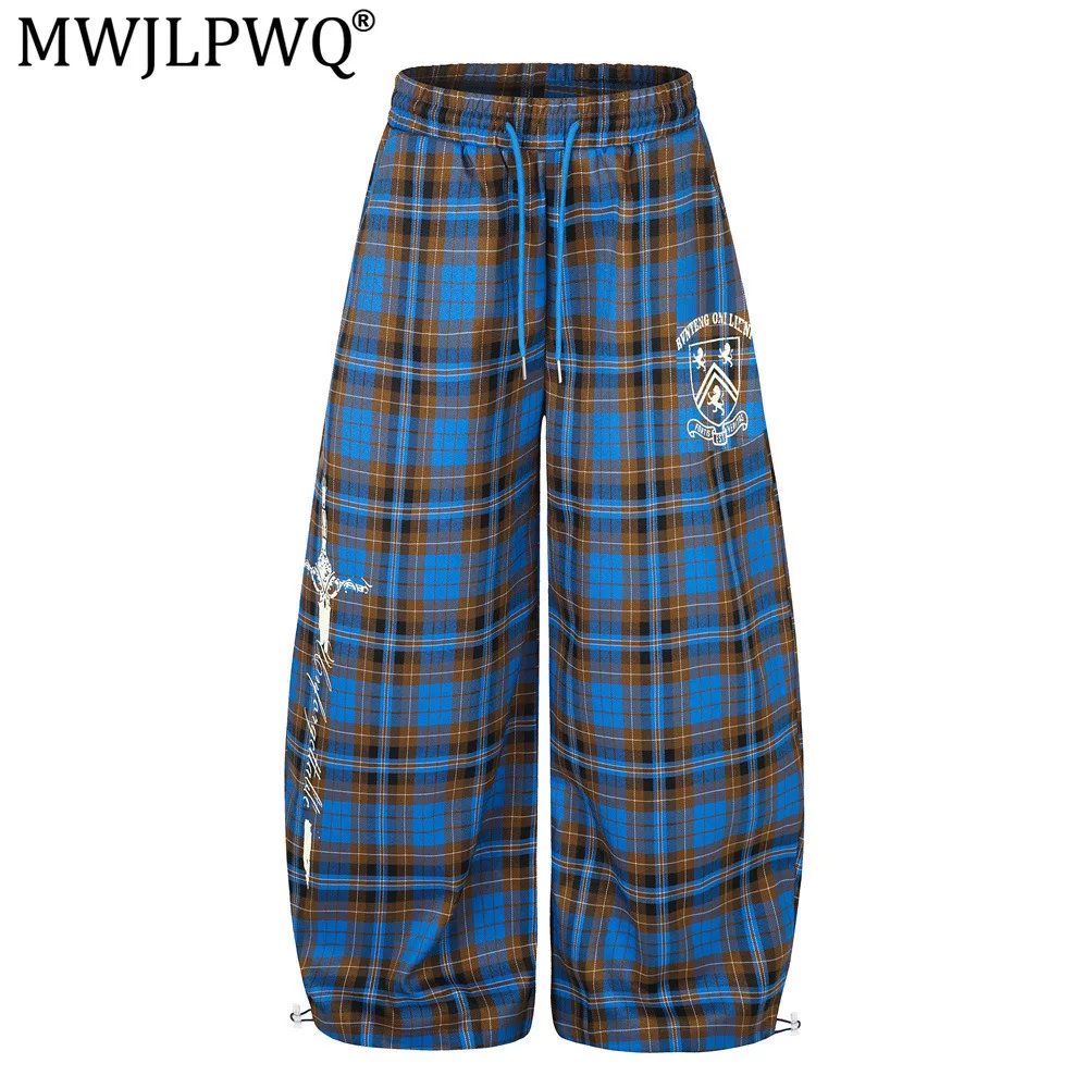 MWJLPWQ Oversized Plaid Print Curved-Leg Pants Men's American Street Style Loose-Fit Distinctive Pattern Casual Trousers 21444