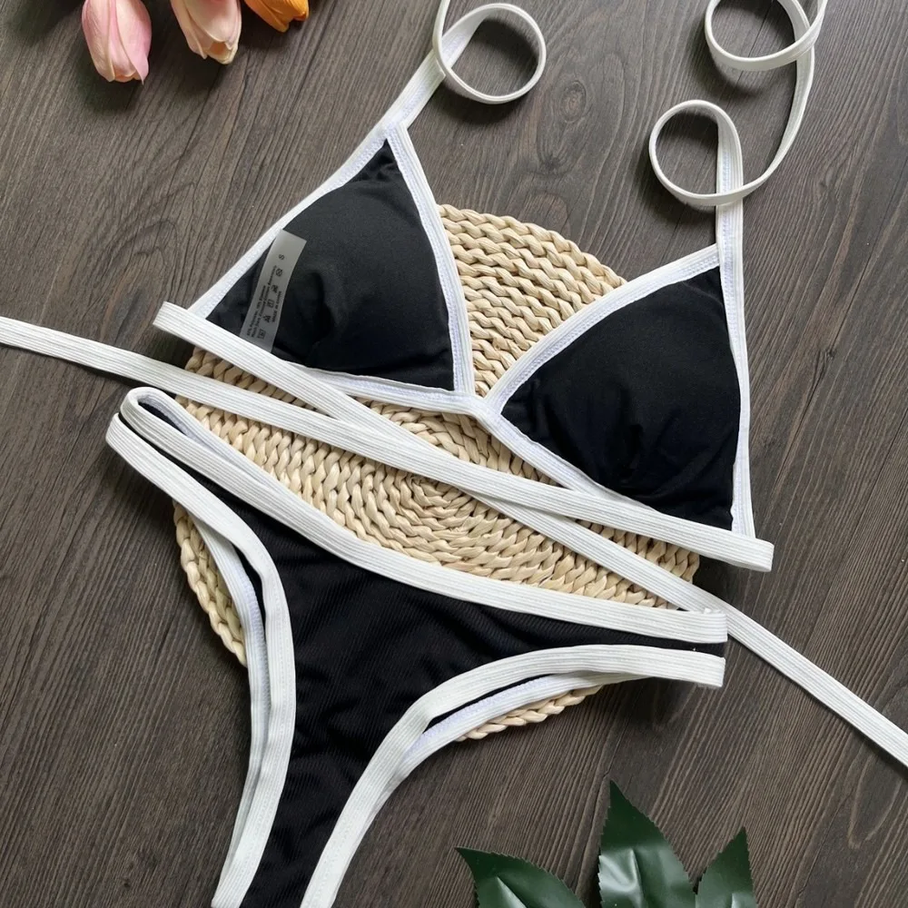 Sexy Ribbed Black And White Bikini Set Women's Two Piece Beach Swimwear High Cut Summer Swimsuit Bikini Set Women's Swimsuit Bea
