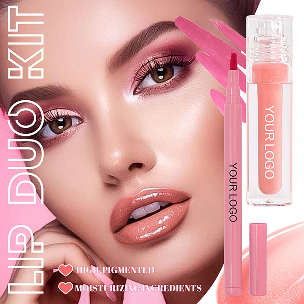 8colors Lip Gloss Lipliner Set Water-gloss Mirror Moisturizing Long-lasting Custom Logo Makeup Private Label Liquid Lipstick