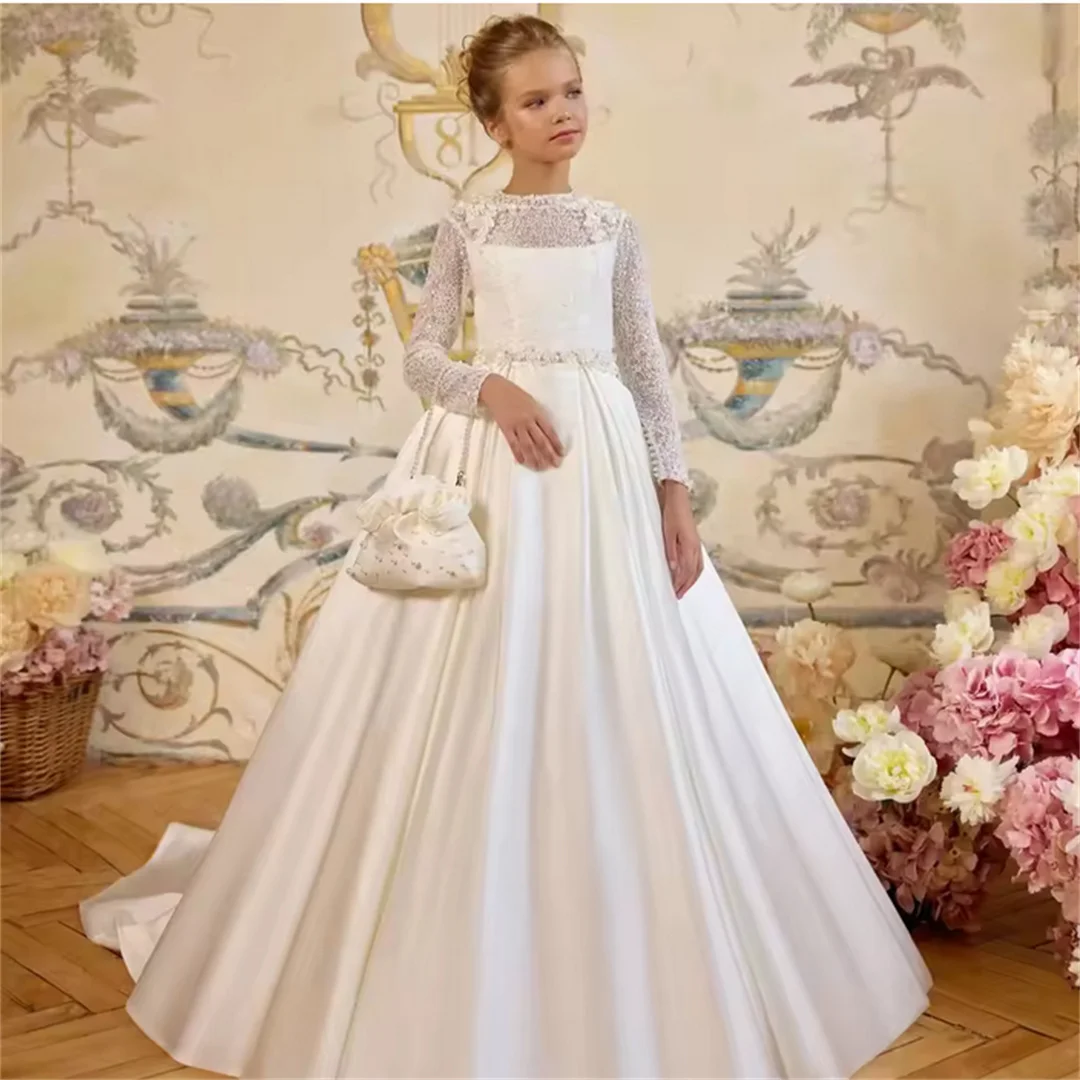 Customized White Flower Girl Dresses Satin Applique Pearls Long Sleeve For Wedding Birthday Party Banquet First Communion Gowns