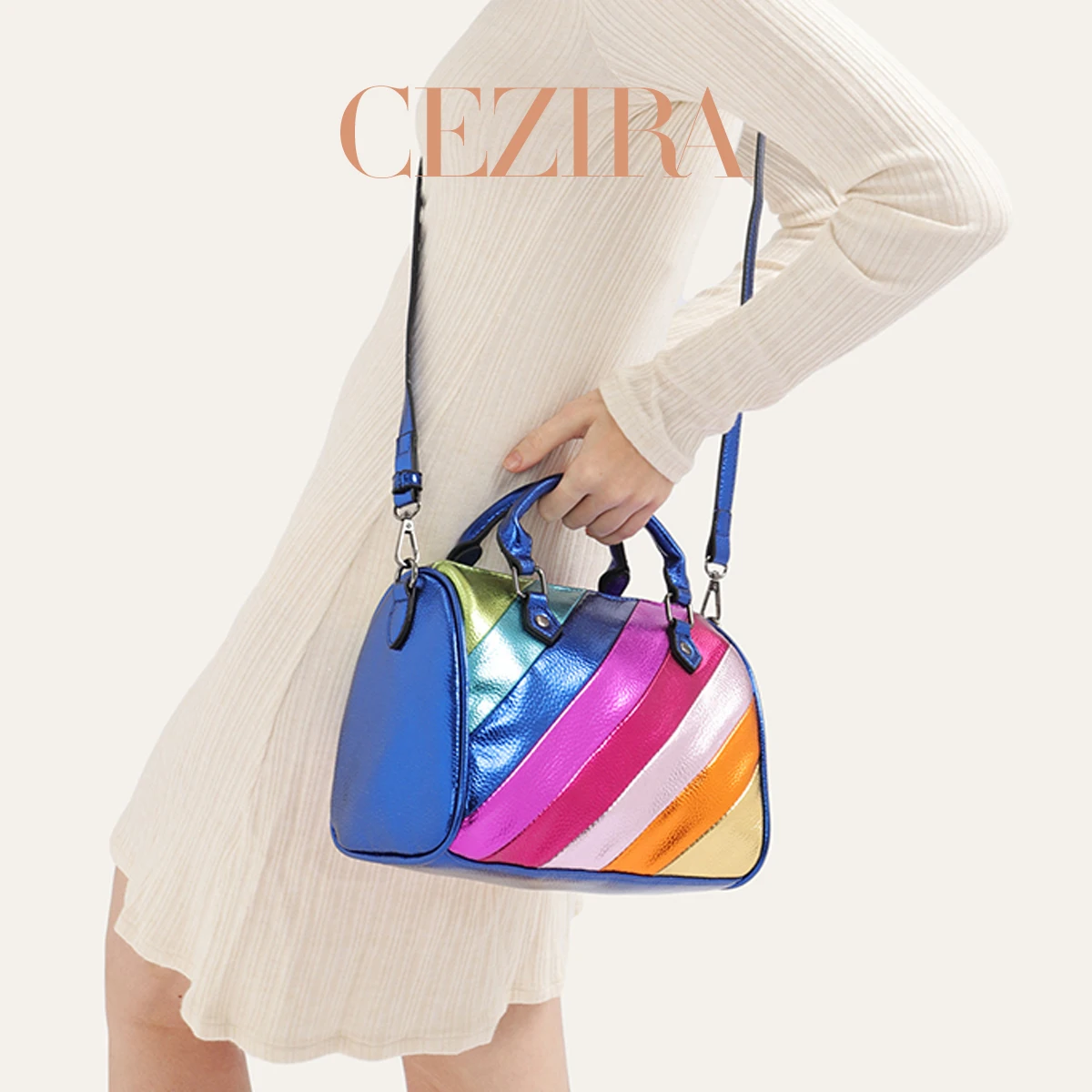 CEZIRA Luxury Metallic PU Vegan Leather Boston Bag Women Fashion Colorful Stripes Patchwork Top-handle Purse Crossbody Handbags