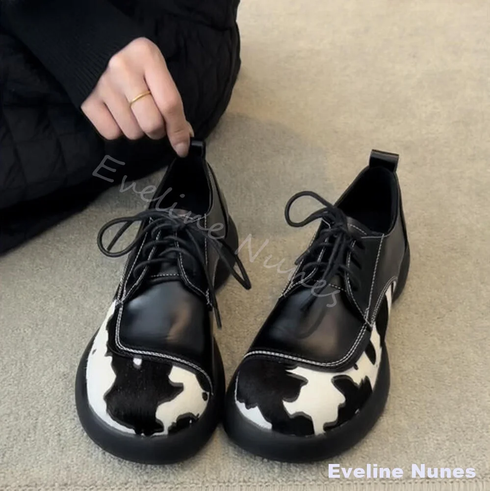 Horsehair Cow-print Loafers Women Niche Design Round Toe Lace-up Genuine Leather Platform Shoes 2026 Spring New Fashion Shoes