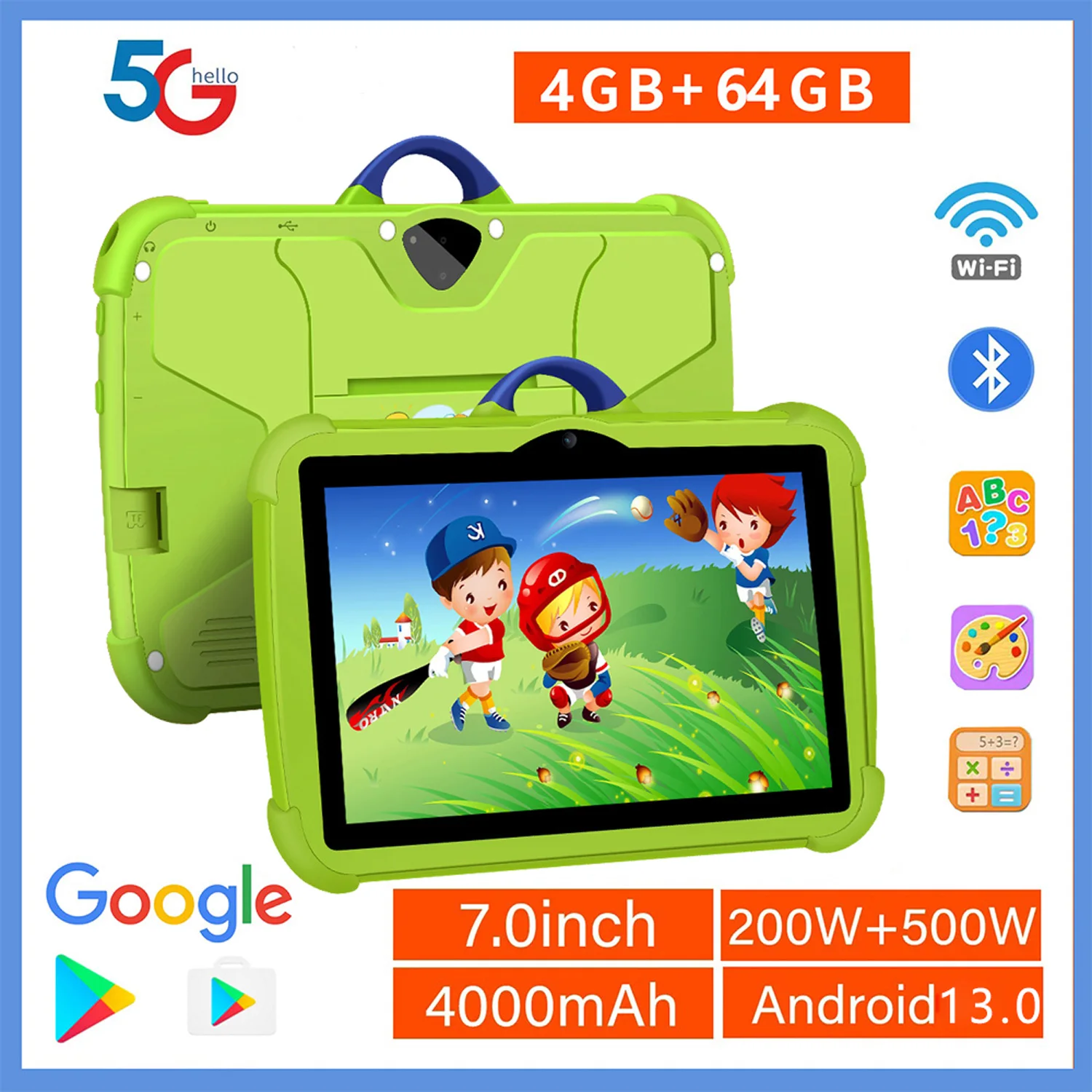 New 7 Inch 5G WiFi Education Learning Kids' Tablets Quad Core 4GB RAM 64GB ROM Android 13 Google Play Support Bluetooth 4000mAh