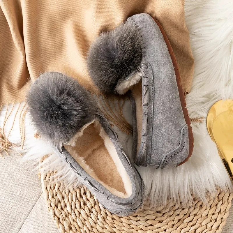 Cowhide Genuine Leather Wool 2025 Snow Boots Warm Shoes Women Non-slip Rubber Soles Flat Shoes Natural Fur Thick Wool