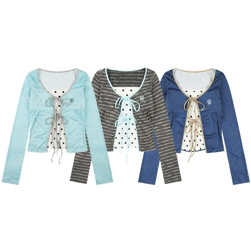 American AltAesthetic PolkaDot TieDetail Mock TwoPiece LongSleeve Tee Women Autumn SlimFlattering Casual StreetWear Top