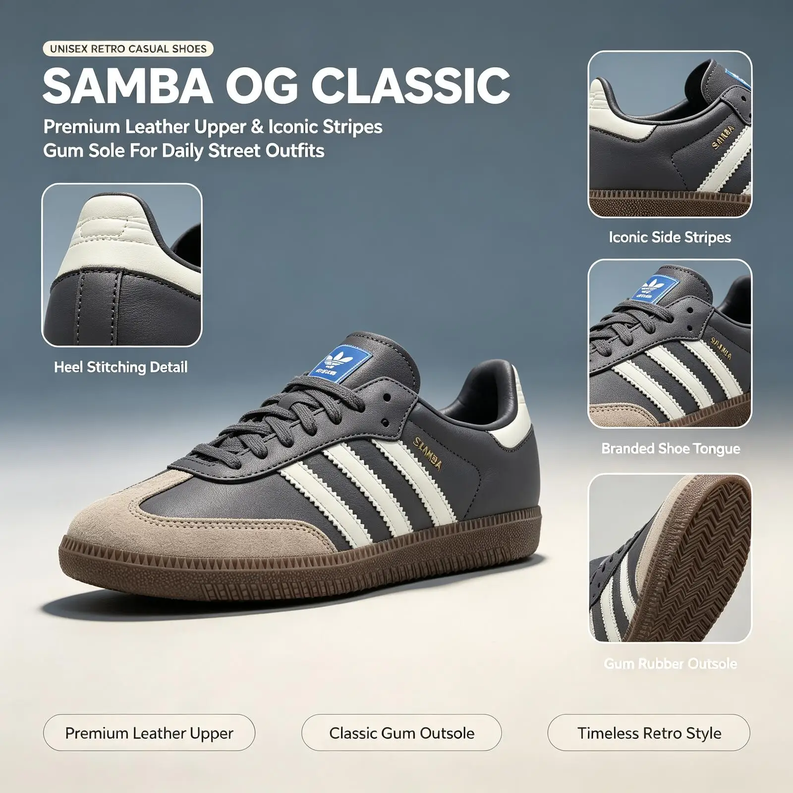 Official Adidas Genuine SAMBA OG Skateboard Shoes Unisex GraySuede Leather Gum Sole Retro Sneakers