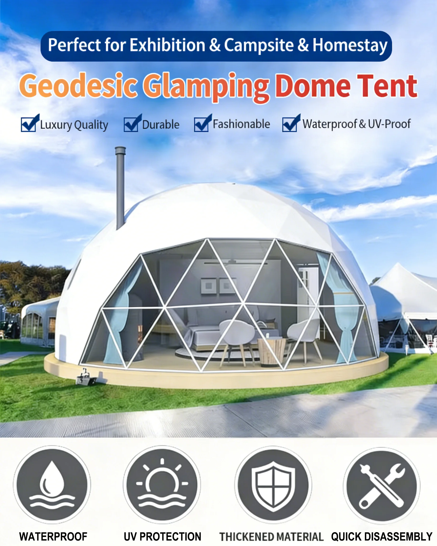 Luxury Custom Business Boutique Geodesic Dome Tent Weatherproof Outdoor HomestayTent For Holiday Villa Hotel Prefab Construction