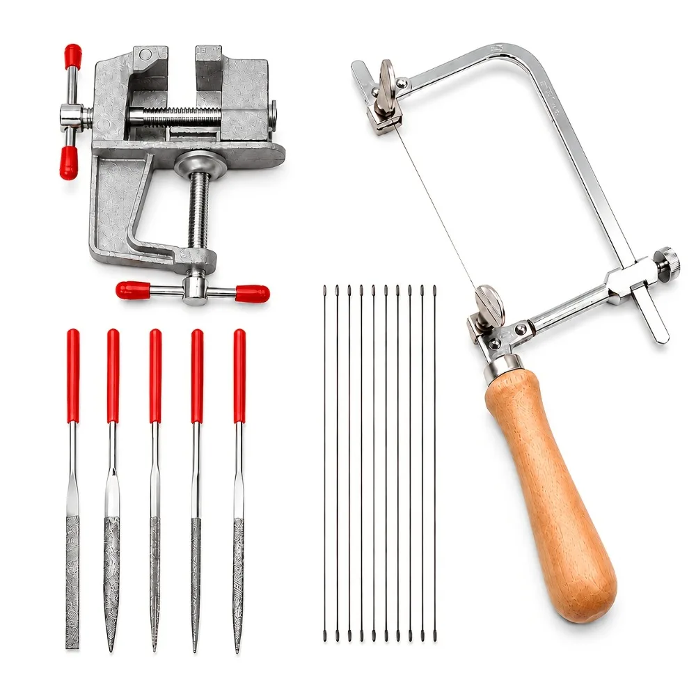 Adjustable Jewelry Saw Frame Tool Set with Mini Bench Clamp Vise, Saw Blades & Diamond Needle Files for Silver Copper DIY Craft