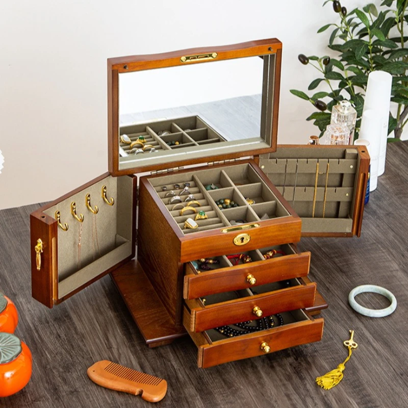Wooden Jewelry Organizer Boxes Large Capacity Jewelry Storage Case Retro Ring Organization Box Lockable Earrings Display Cases
