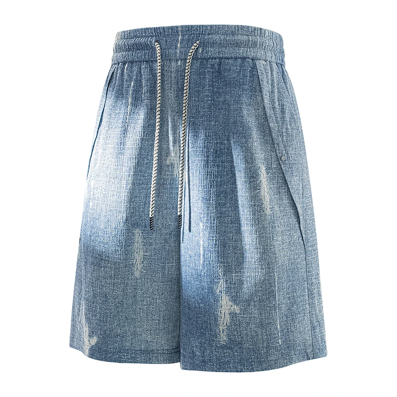 New Casual Men's Washed Ice-Cool Shorts 2026 Summer Youth Streetwear Loose Five-Cents Pants Drawstring Waist Knee-Length Trouser