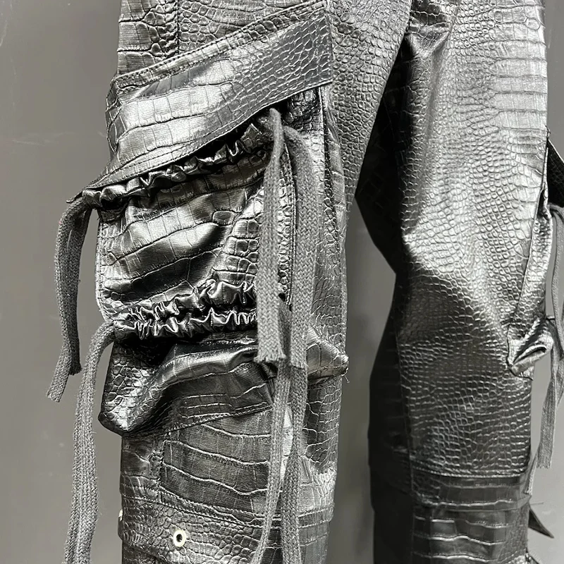 2026 Punk Neutral Streetwear Men's Trousers Pants trousers Crocodile PU Leather three-dimensional Pocket Flared Pants