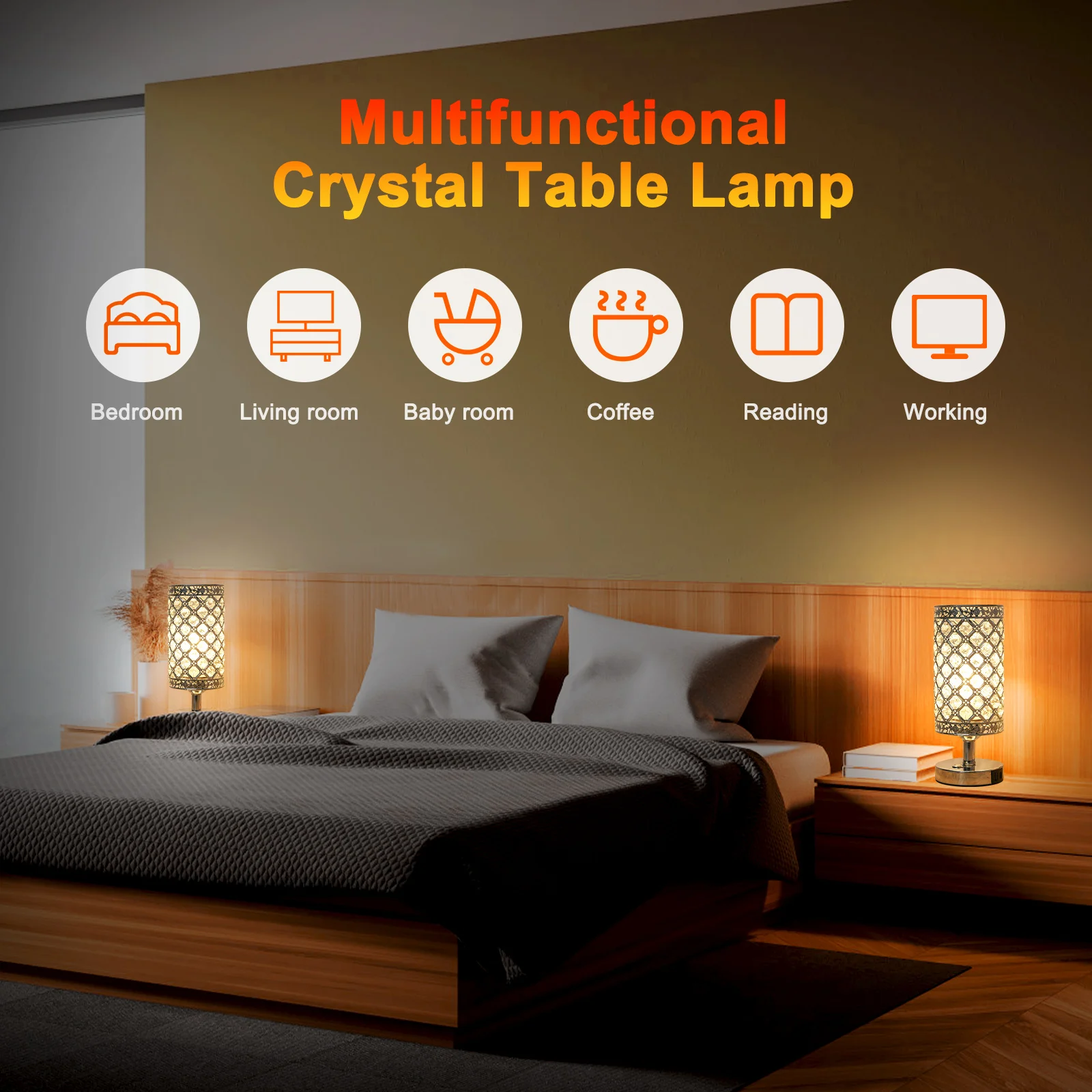 Crystal Touch Desk Lamp 3000K Warm White LED Bulb with USB C+A Charging Port 4000MAH Battery Bedroom Nightstand Light