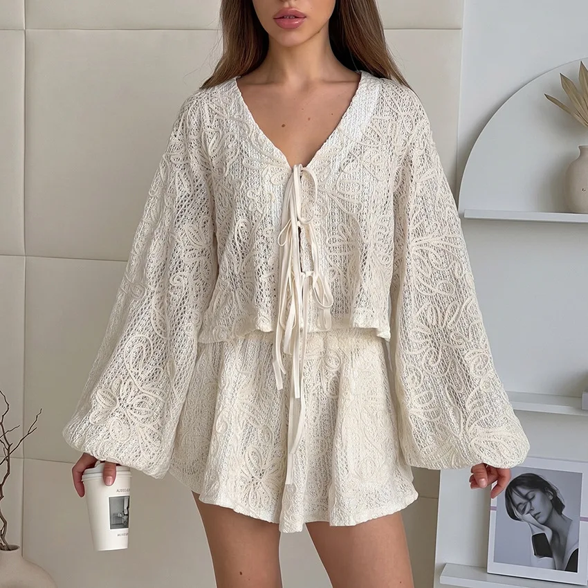 Women Summer Knit Embroidery Pajamas Lace-Up Long Sleeve Ruffle Trim Shirt&shorts Set Sleepwear Loose Home Clothes Nightwear
