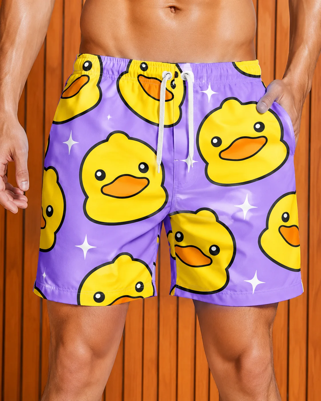 Mens Yellow Duck Sailboat Print Swim Shorts Quick Dry Drawstring Beach Board Shorts with Pockets Summer Holiday Swimwear