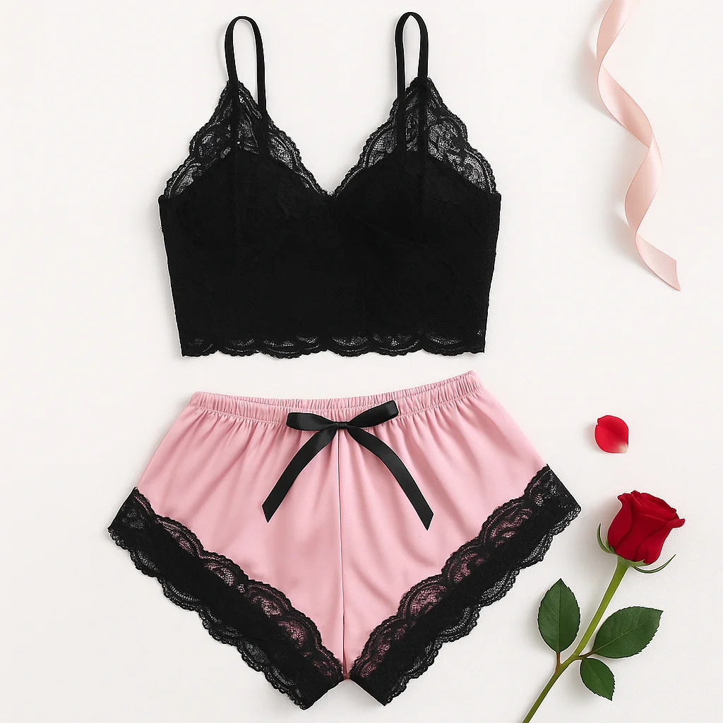Women's 2 Piece Sexy Lace Pajama Set See-Through Bralette Cami Top and Shorts Breathable Sleepwear Plus Size Summer Lingerie