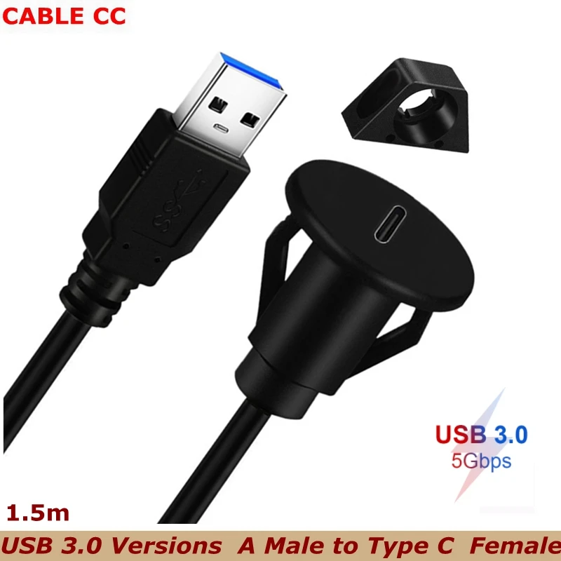 5Gbps 1.5m Small USB 3.0 Versions A Male to Type C Female Flush Mount Cable Panel Mount Extension Cable for Car Boat Dashboard