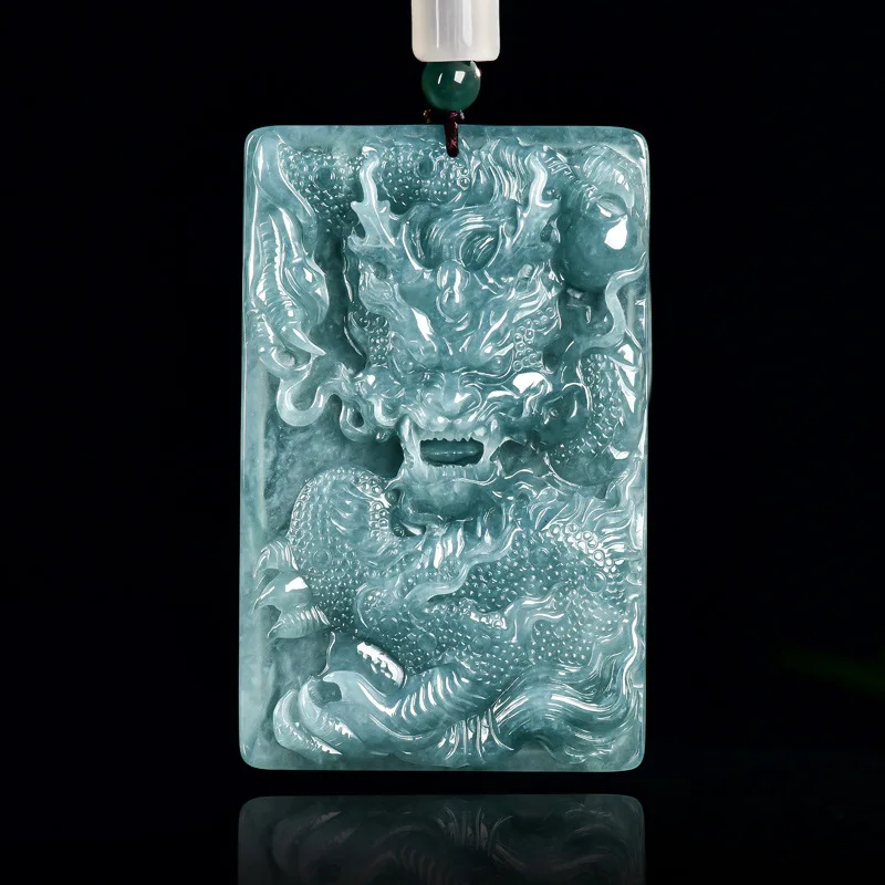 Natural A-Grade Blue Water Zodiac Dragon Pendant Domineering Jade Ice Type for Men's Charms Women Zodiac Dragon Brand Jewelry