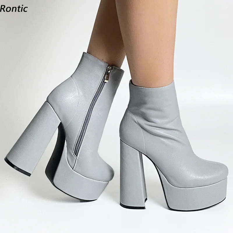 Rontic Handmade Women's Platform Ankle Boots Faux Leather Zipper Chunky Heels Round Toe Advanced Grey Party Shoes US Size 5-15