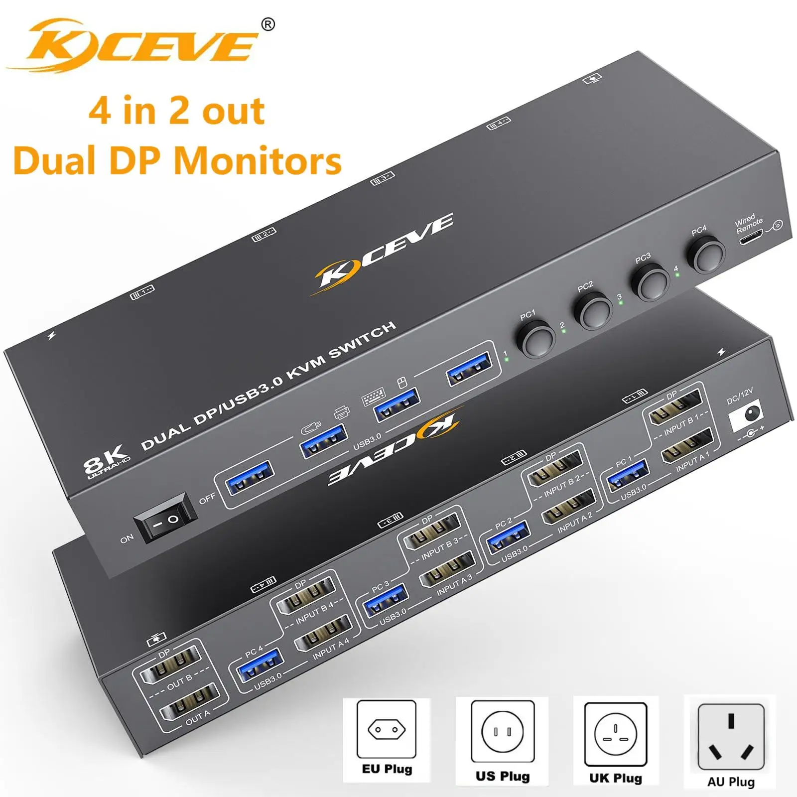 8K DisplayPort KVM Switch 2 Monitor 4 Computer,KCEVE Dual Monitor KVM Switch DP USB3.0,Support 4k@144Hz,for 4 PC Share 2 Display