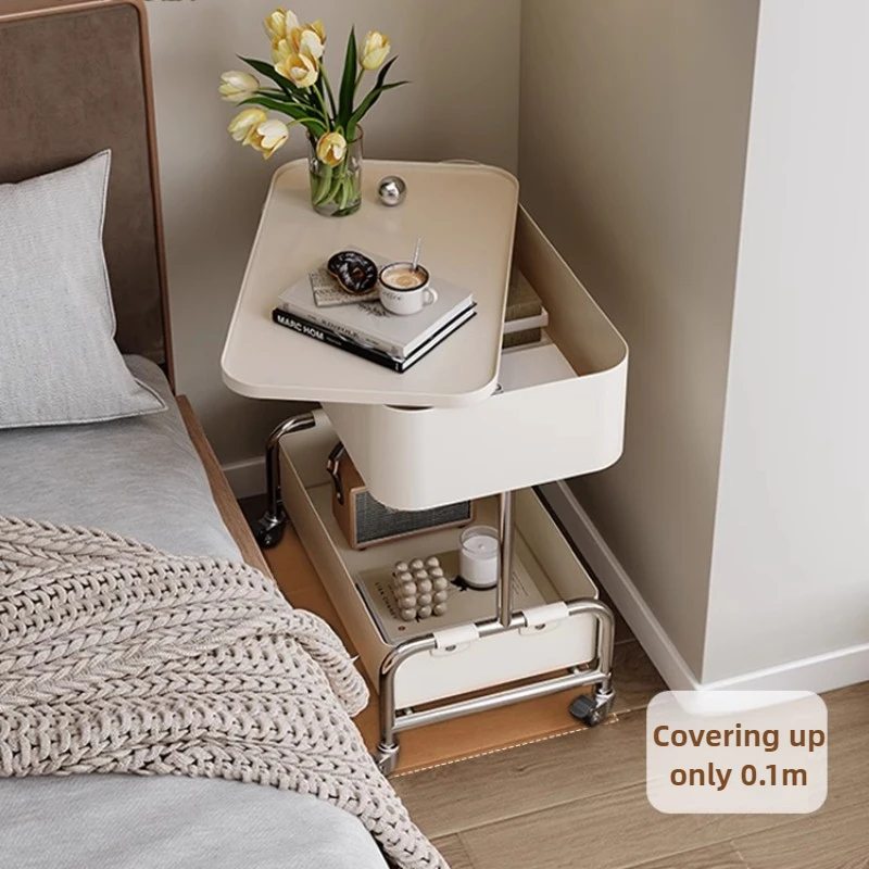 Modern Iron Bedside Cabinet  360 Rotating Narrow Side Table  Mobile Slim Gap Storage Nightstand  Large Capacity Storage Stand