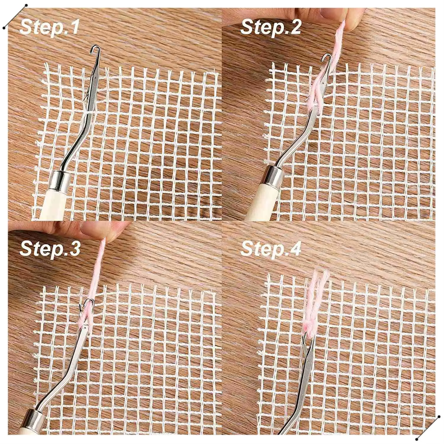 2Pcs Blank Rug Hooking Mesh Latch Hook Canvas Kit With 2 Pcs Wooden Bent Crochets For DIY Rug Tapestry (19X19 Inch)