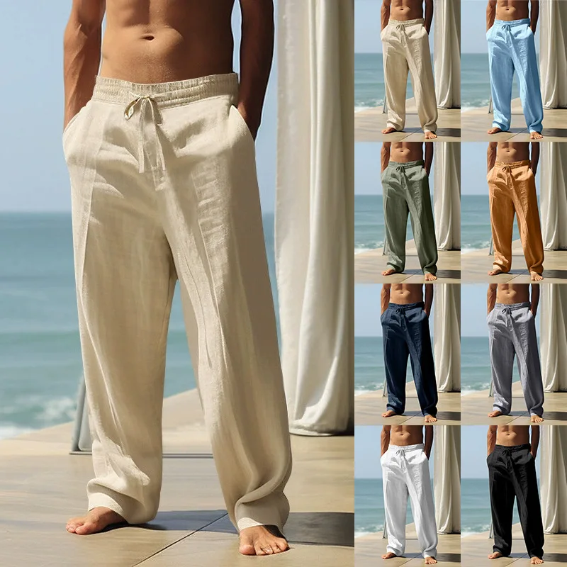 Men's casual linen pants, with drawstring elastic waist, wide leg, loose fit, lightweight, suitable for summer beach vacation