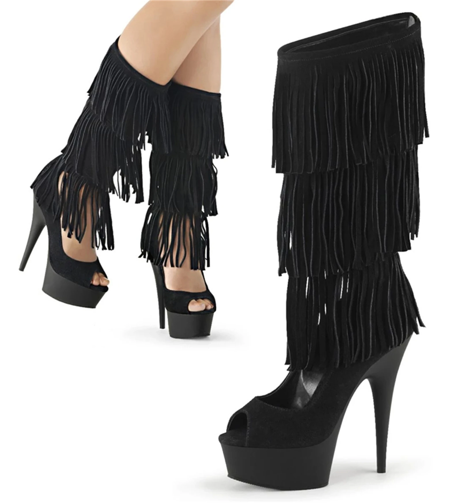 15CM Fringe Peep Toe Ankle Boots Black, Swing Tassel Platform Stiletto Heels with Chunky Sole, Rocker Chic Party Shoes