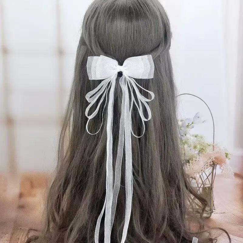 Bridesmaid Long Bowknot Hair Clips For Women Vintage Mesh Ribbon Barrette Layered Head Top Hair Grip Party Hair Accessories