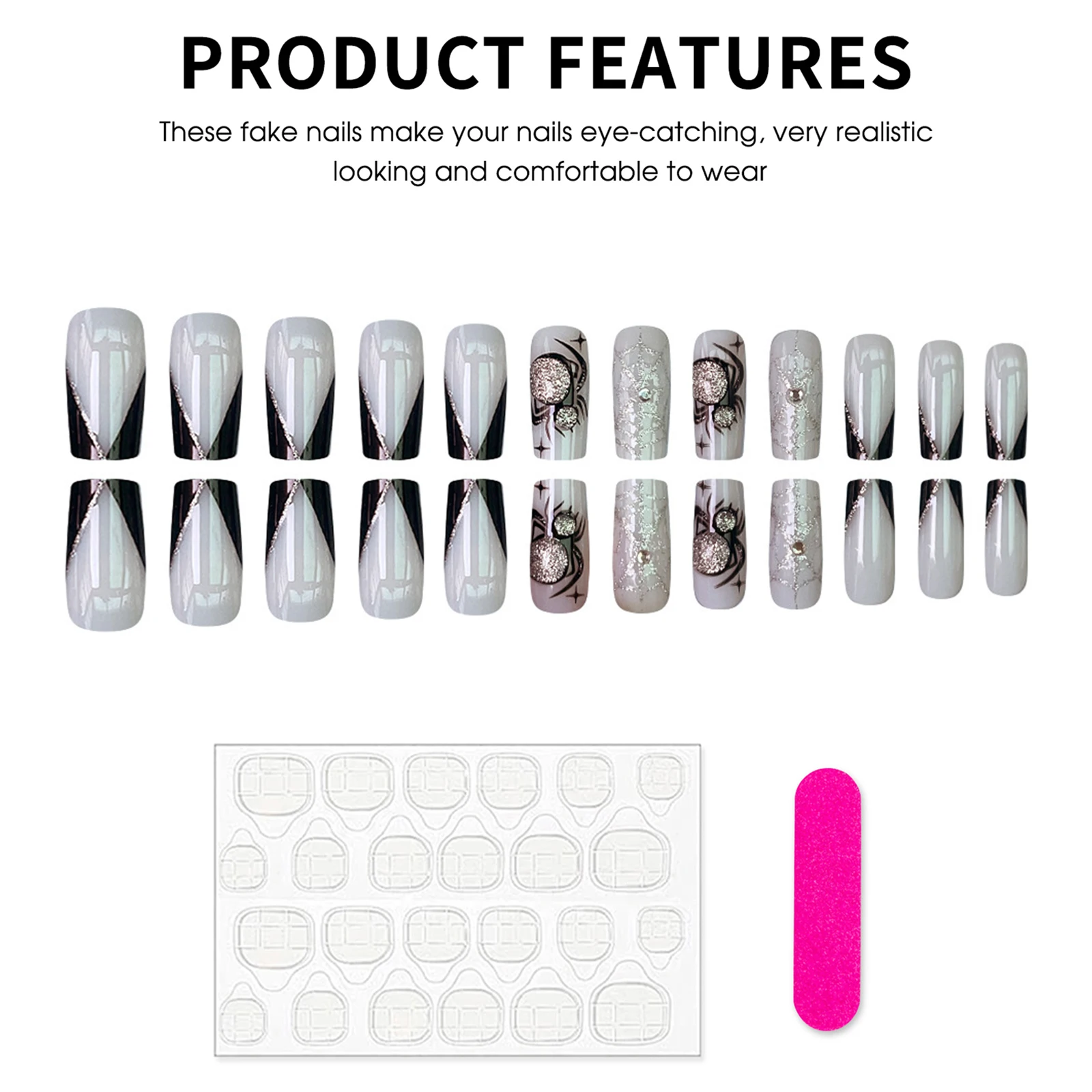 Halloween Party Fake Nails 3D Spider Designs 24Pcs Black French Press On Nails Glossy Medium-length Square False Nails Patches
