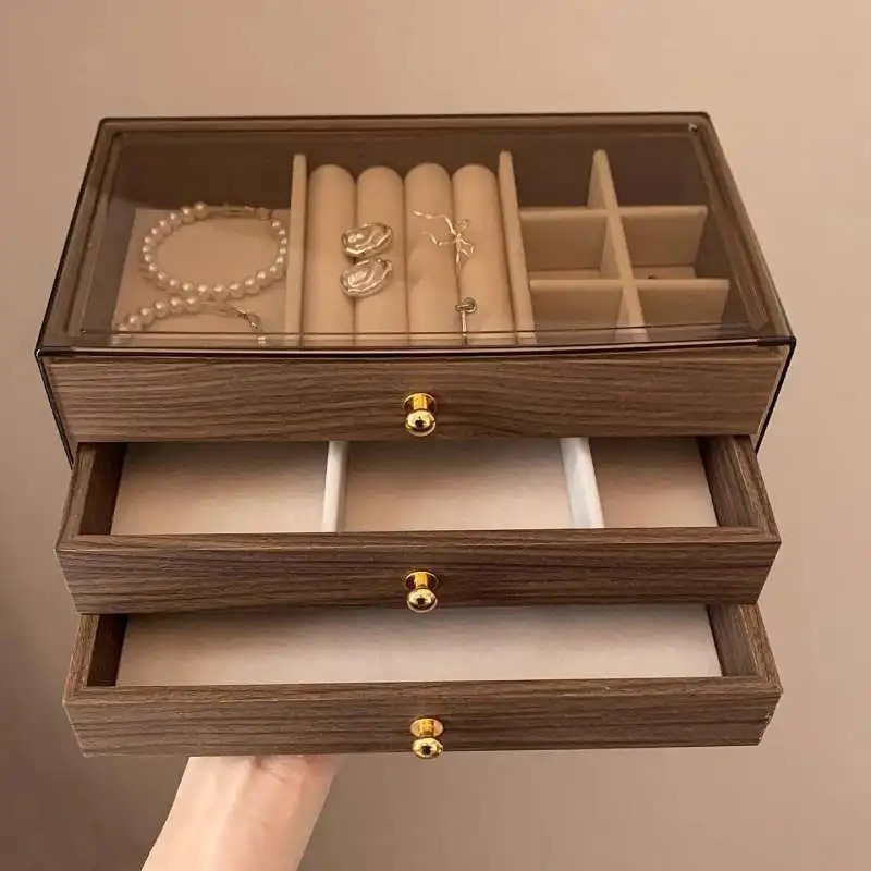 Multi-layer Dustproof Walnut Wooden Jewelry Organizer Box Transparent 3 Layers Drawer for Women Bracelet Brooch Storage Case