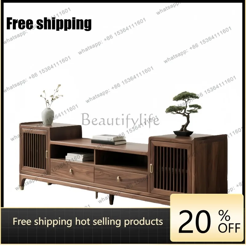 YJ new Chinese solid wood TV cabinet black walnut simple living room locker floor-to-ceiling storage display