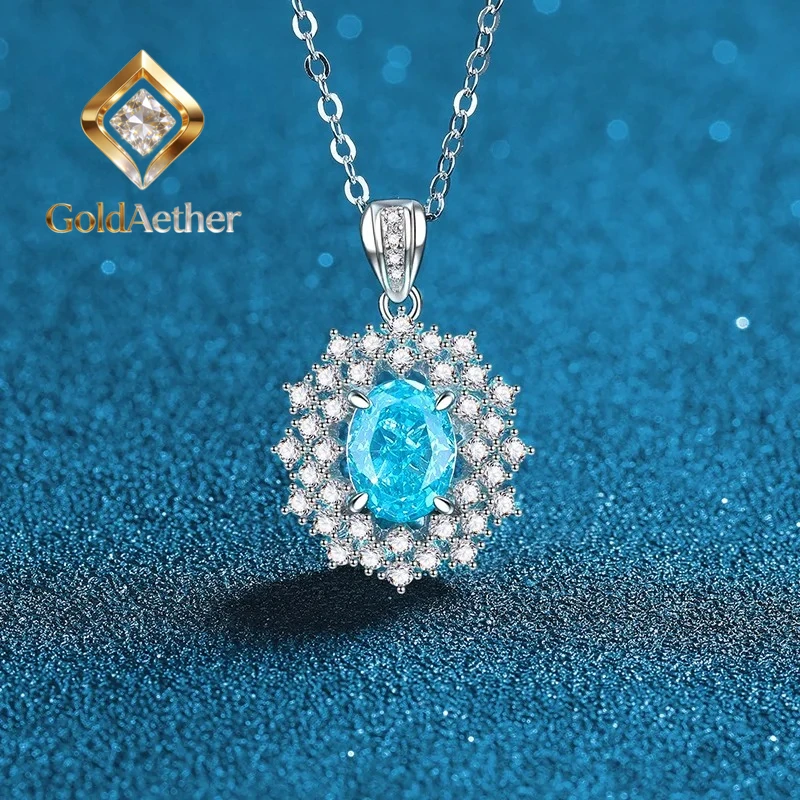 GoldAether Luxury Solid Platinum PT950 Women's Diamond Ring Sea Blue Three-piece Pendant Necklace Ring Stud Earrings