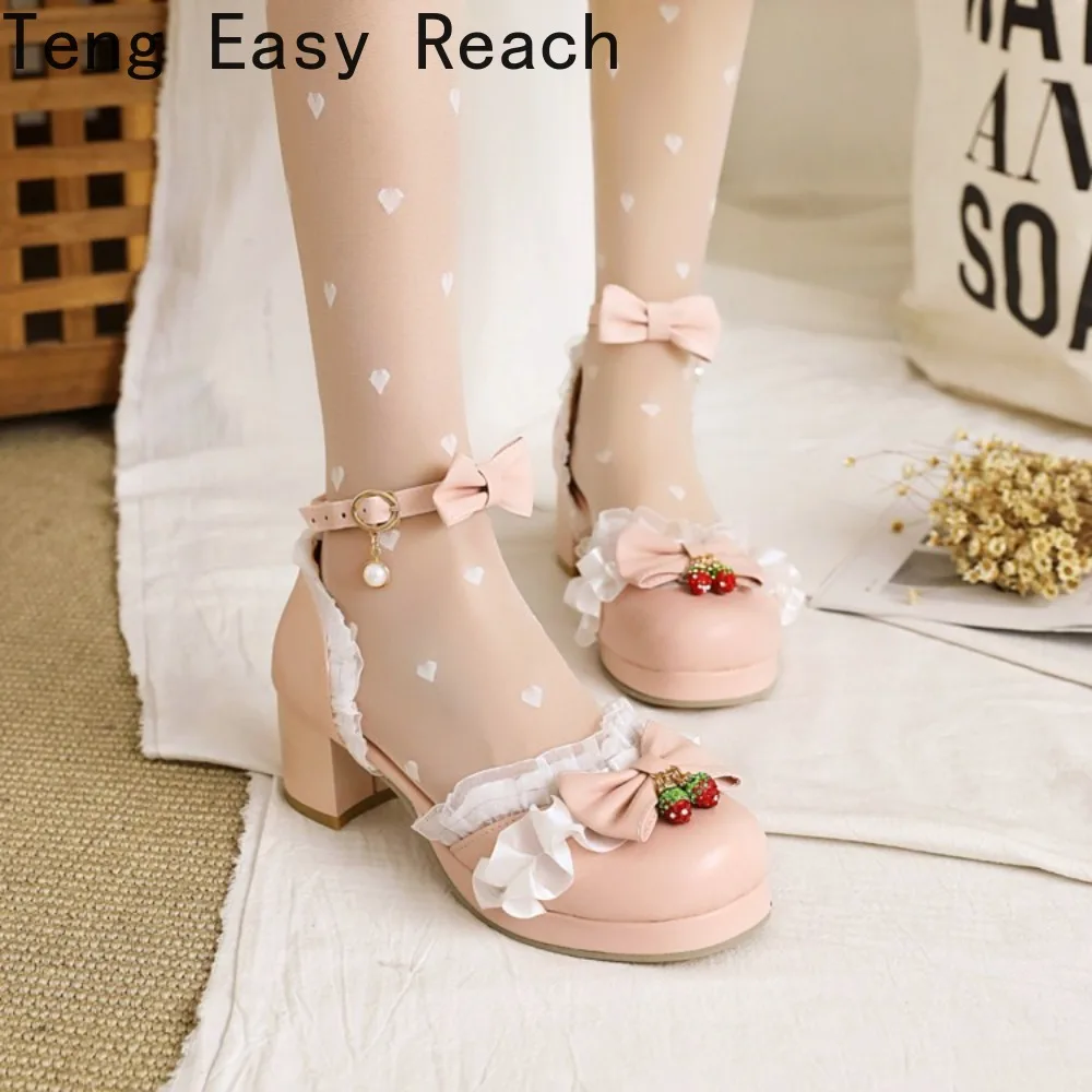 Women's White Pink Bowknot Single Sandals Ruffles High Heels Girls Student Mary Janes Lolita Party Dress Shoes size 32-48 French