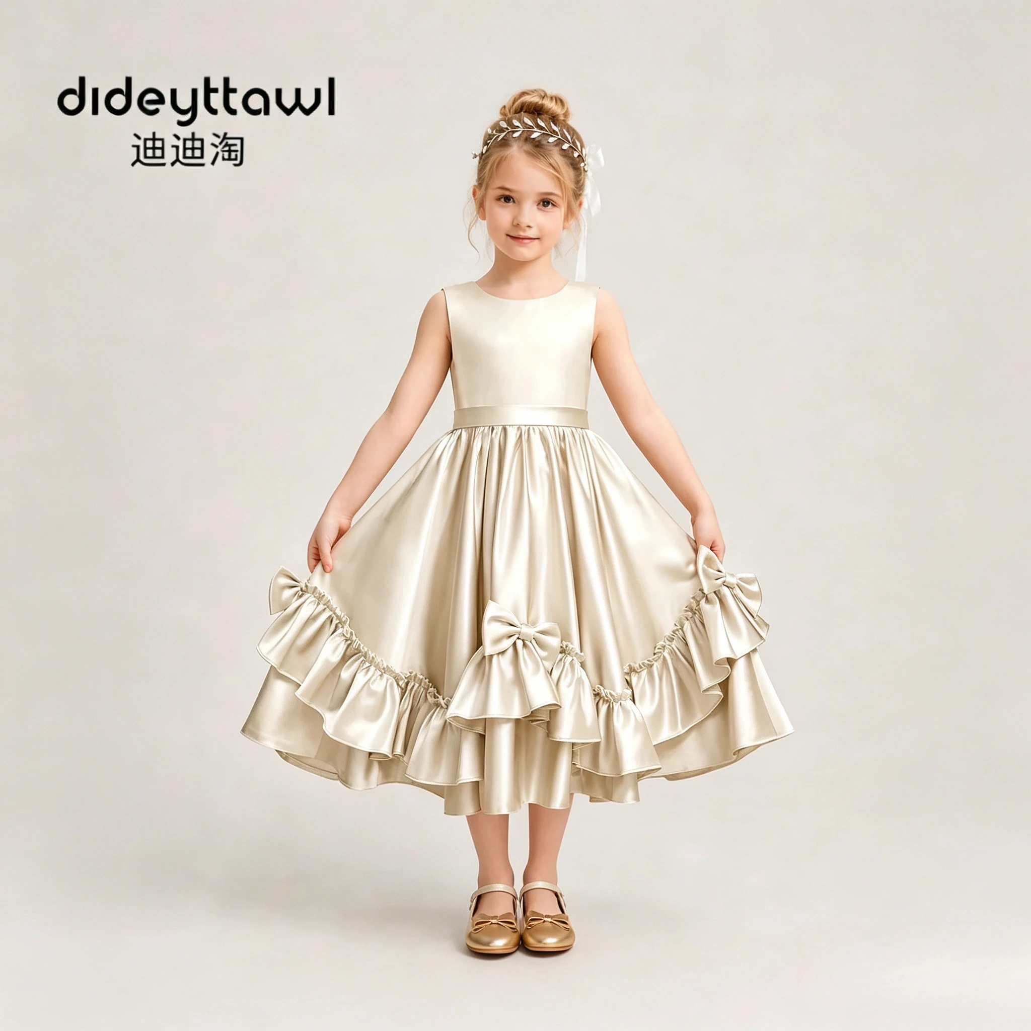 Girls Satin Flower Girl Dress Sleeveless Ruffle Hem Big Bow Back VBack Formal Gown Multiple Colors For Wedding Pageant Birthday