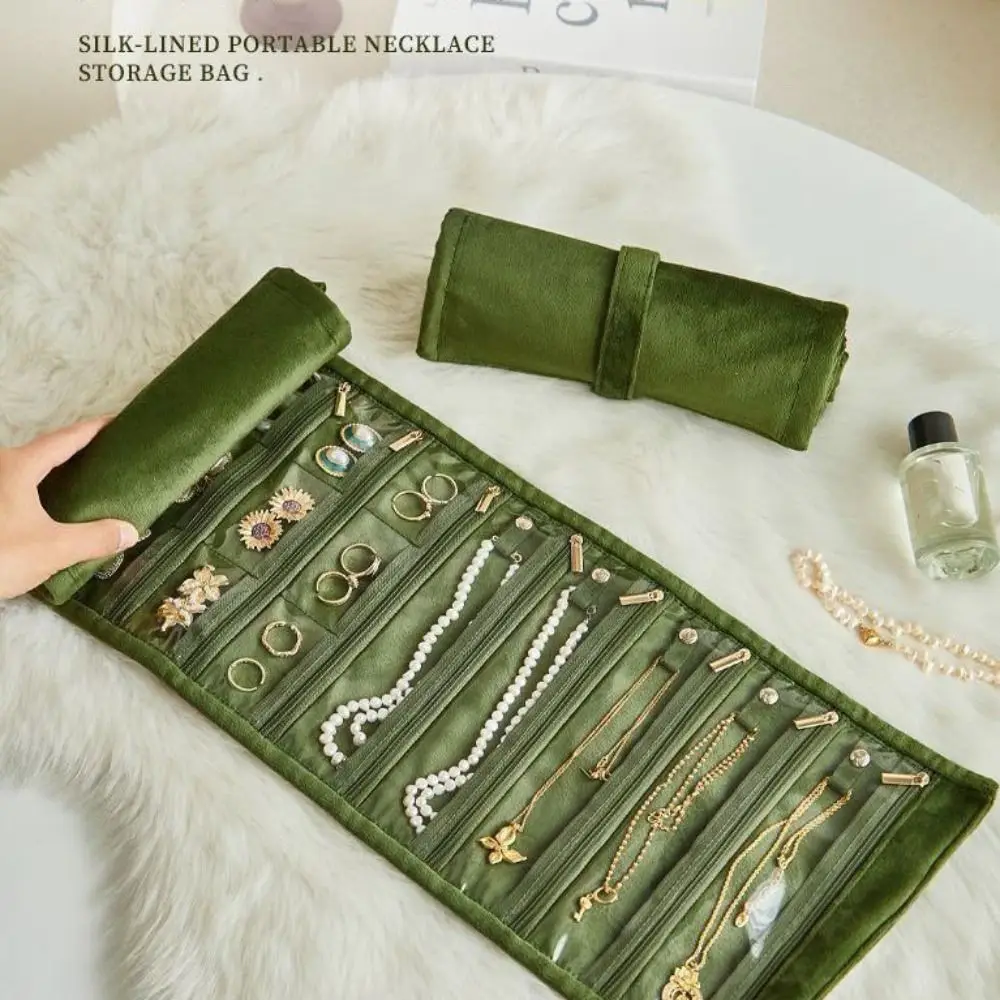 Multi-pocket Rolled Jewelry Storage Bag PVC Flannel Bracelet Display Pouch Large Capacity Anti-splash Water Zipper Jewelry Bag