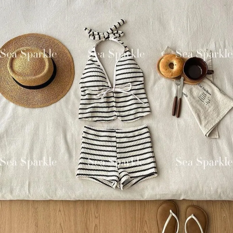 Women's Striped Knit High Waist Shorts Waffle Texture Casual Summer Beach Hot Pants