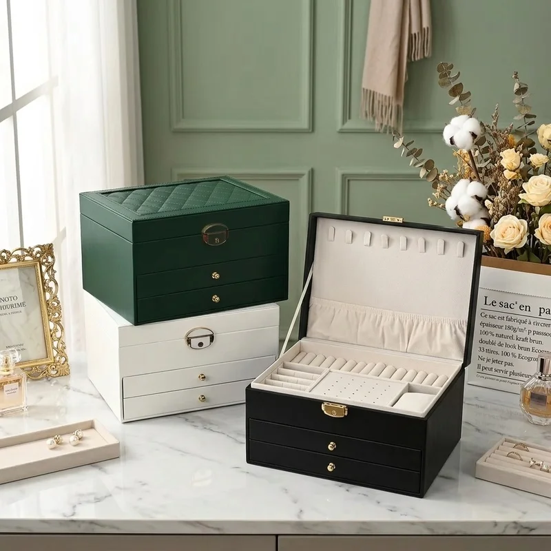 Large Capacity Jewelry Box Multi Tier Drawer Storage Organizer Velvet Lined Earring Holder for Women Accessories