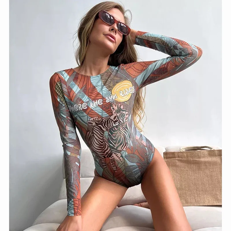 Fashion Mesh Print Swimming Suit for Women Vintage Long Sleeve High Waist One Piece Swimsuit 2025 New Beach Bathing Suit Bikini