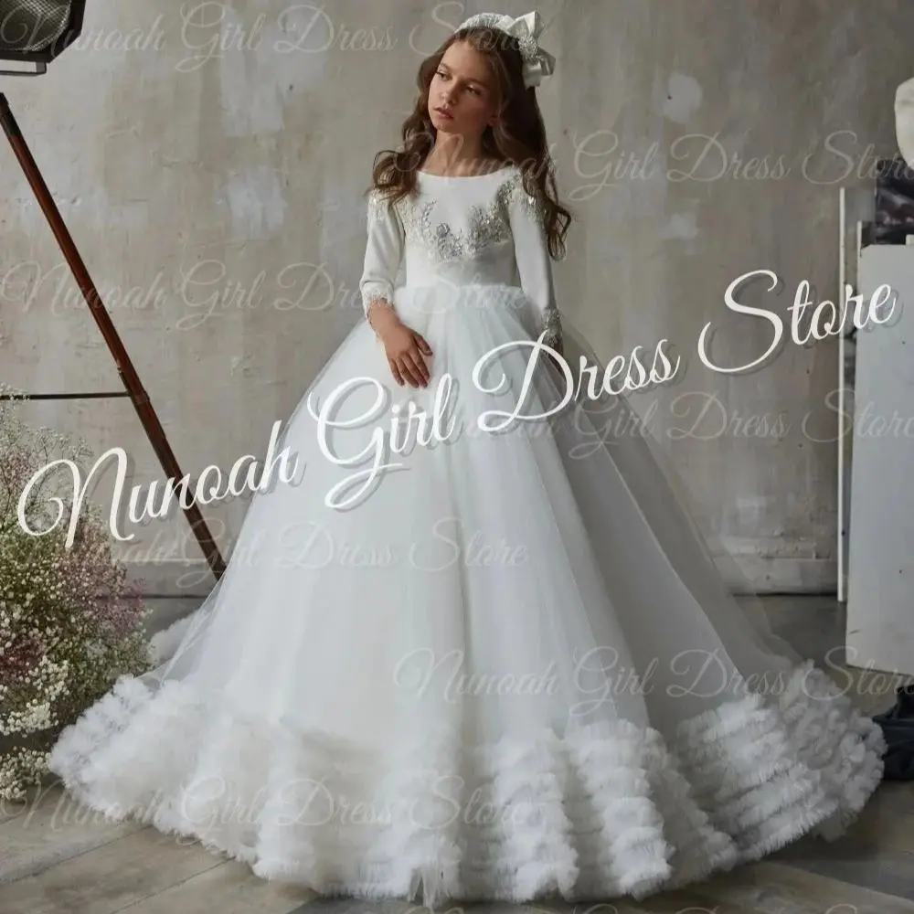 White 3/4 Sleeves Flower Girl Dresses for Wedding Lace Floor Length Girl Birthday Party Gowns First Communion Gowns Customized