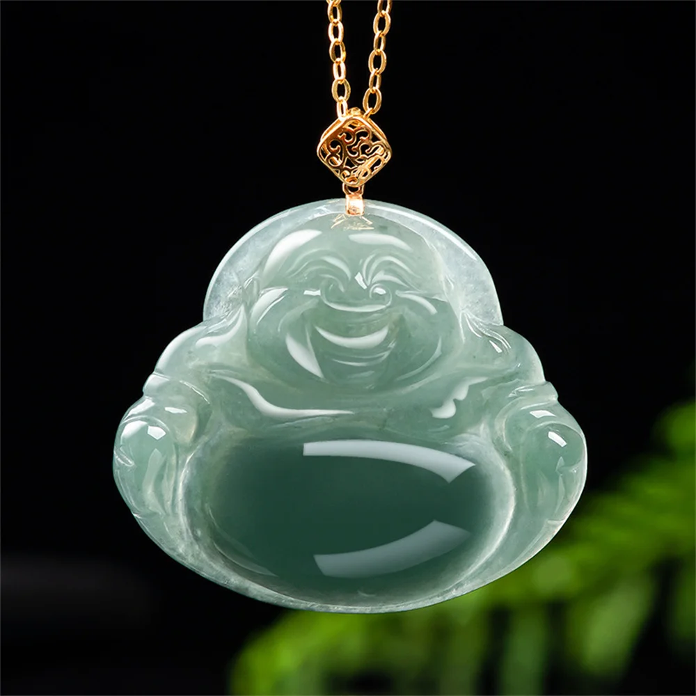 18K Gold Natural Ice Green Jadeite Carved Big Belly Buddha Lucky Pendant Amulet Necklace Certificate Luxury Jade Jewelry