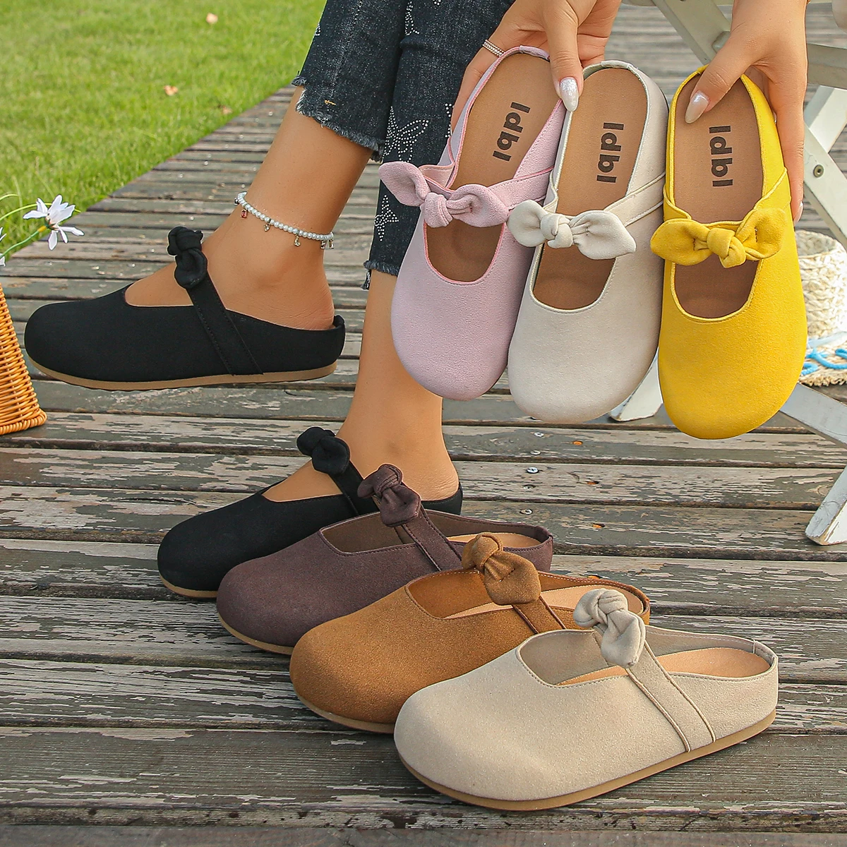 Women's 2026 New Bow Decorated Round Toe Slippers Spring and Autumn Solid Color Casual Non-Slip Wear-Resistant Slippers