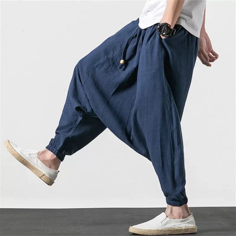 Men Drop Crotch Linen Vintage M-5XL Pants Male Trendy Handsome Ethnic Loose Casual Solid Simple Trouser Summer Harem Pantalons