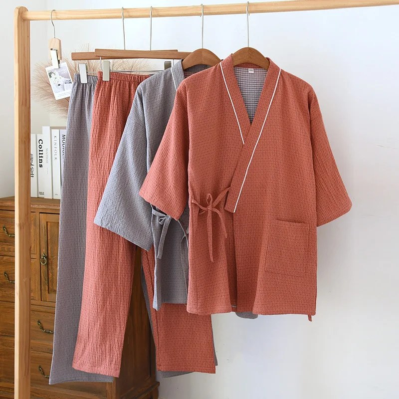 2026 Spring/Summer New Japanese Kimono Set Couple 100% Cotton Men's And Women's Casual Loose Home Fur Two Piece Set Sleepwear