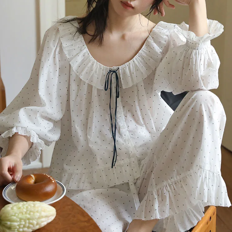 2027100% high count cotton velvet dotted lace sweet home outfit set French pajamas