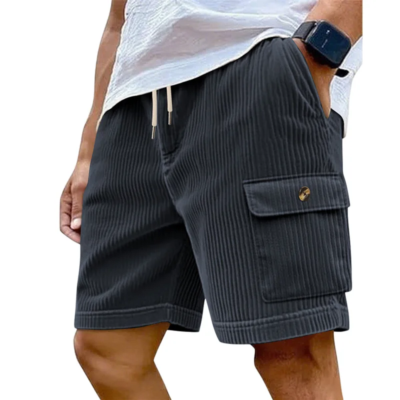 Men's Corduroy Cargo Shorts Elastic Waist Drawstring Multi-Pocket Casual Summer Shorts