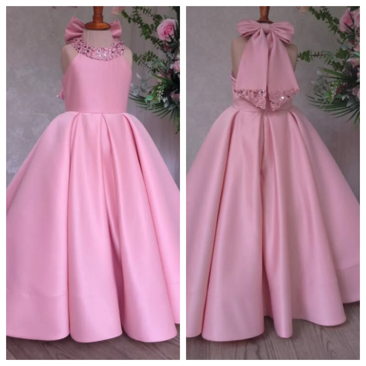 Halter Flower Girl Dress With Bow Satin Pink Birthday Dresses A Line Sequin Long Ball Gown Customized Princess Wedding Gowns
