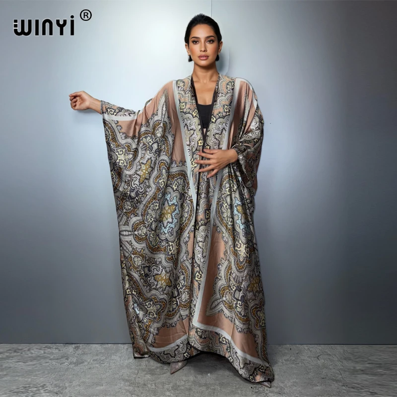 WINYI Women's African Boho Print Loose Kimono Dress Cardigan Beach Outfit Kaftan Cover up Evening Maxi Coat