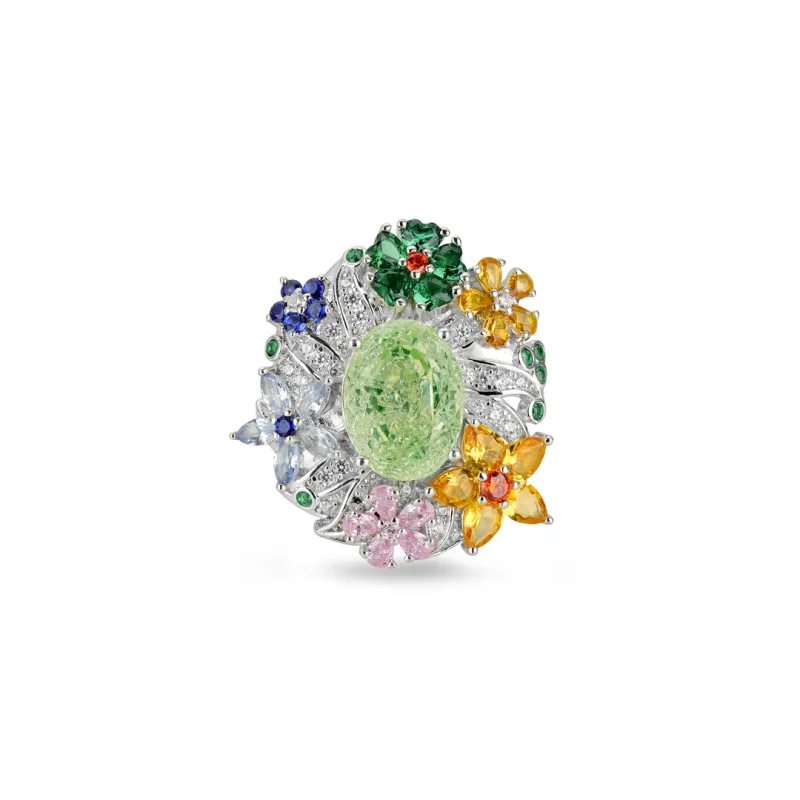 Bellux 925 silver ring synthetic spinel monet garden lab grown gemstone icecracked effect green flower cocktail ring