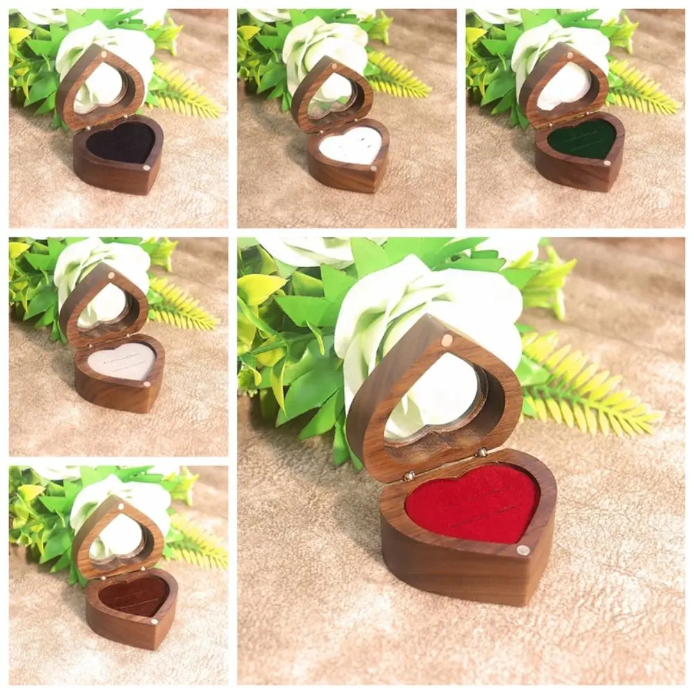 2 Slots Heart Rings Holder Transparent Cover Magnetic Cover Walnut Wood Rings Box Packaging Proposal Rings Bearer Box Propose